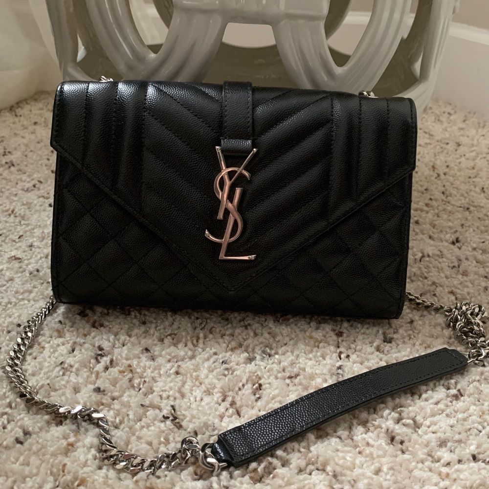 Saint Laurent YSL Envelope Chain - Silver Hardware Black Leather Shoulder Bag